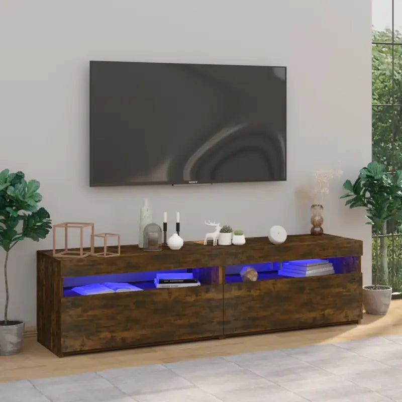 Hoogglans wit tv-meubel met rgb led-verlichting en stevig ontwerp - Gerookt eiken / 2 / 75 cm - Tv-meubels