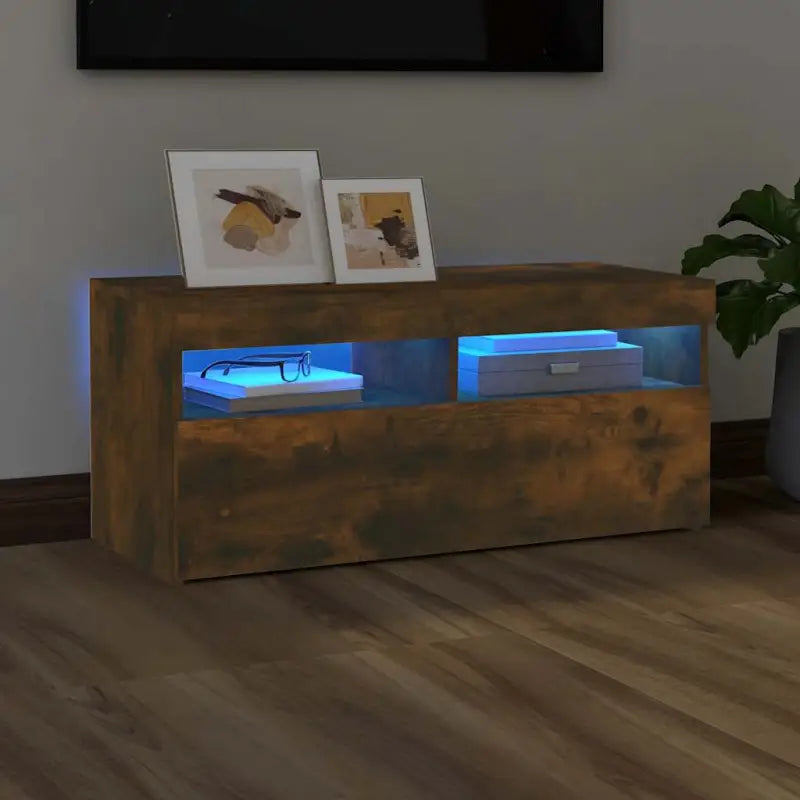 Hoogglans wit tv-meubel met rgb led-verlichting en stevig ontwerp - Gerookt eiken / 1 / 90 cm - Tv-meubels