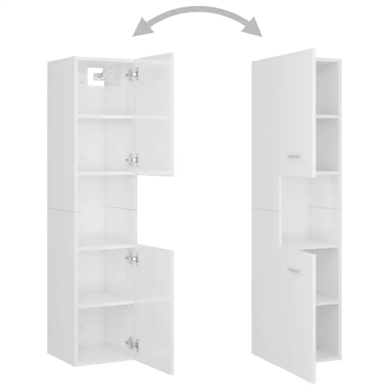 Hoogglans witte badkamermeubelset met hoge kast en bewerkt hout - Badkamermeubelsets