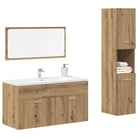 Hoogglans witte badkamermeubelset met hoge kast en bewerkt hout - artisanaal eikenkleurig / 90 x 38.5 x 46 cm / 3