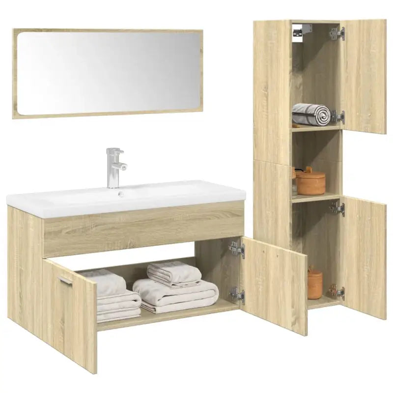 Hoogglans witte badkamermeubelset met hoge kast en bewerkt hout - Sonoma eiken / 90 x 38.5 x 46 cm / 3