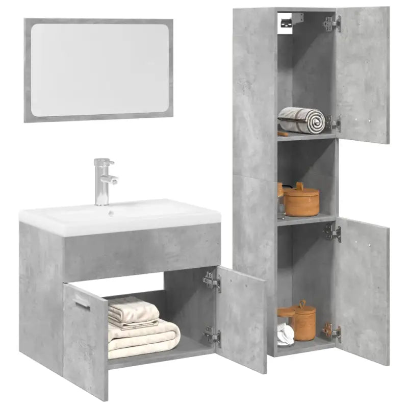 Hoogglans witte badkamermeubelset met hoge kast en bewerkt hout - Betongrijs / 60 x 38.5 x 46 cm / 3