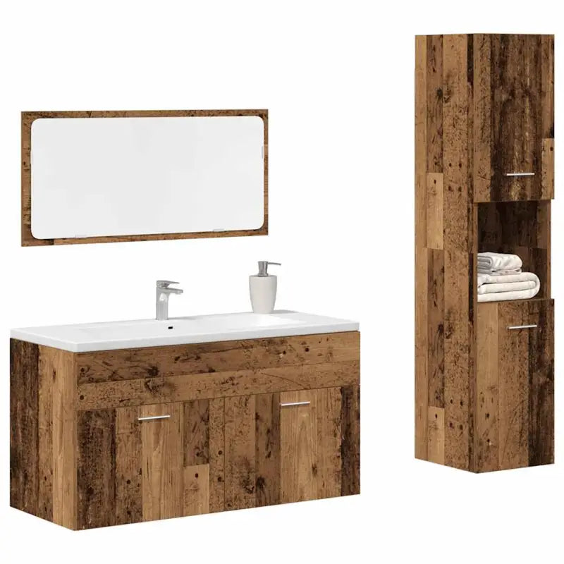 Hoogglans witte badkamermeubelset met hoge kast en bewerkt hout - Oud hout / 90 x 38.5 x 46 cm / 3 - Badkamermeubelsets