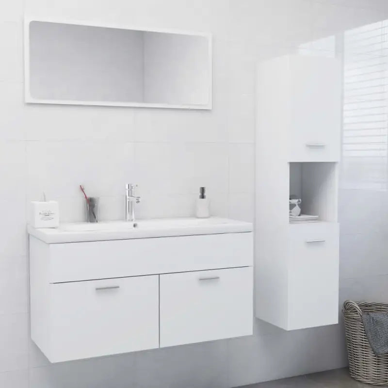 Hoogglans witte badkamermeubelset met hoge kast en bewerkt hout - Wit / 90 x 38.5 x 46 cm / 3 - Badkamermeubelsets
