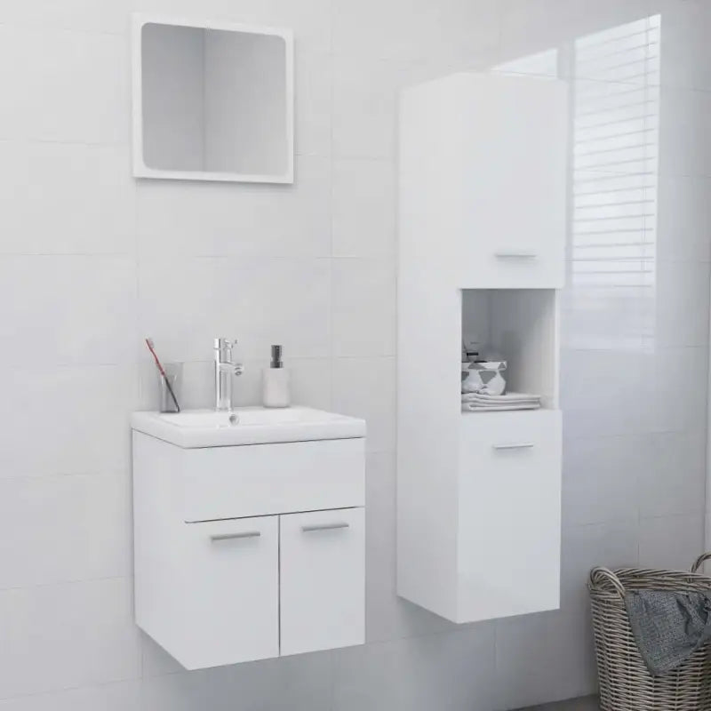 Hoogglans witte badkamermeubelset met hoge kast en bewerkt hout - Hoogglans wit / 41 x 38.5 x 46 cm / 3