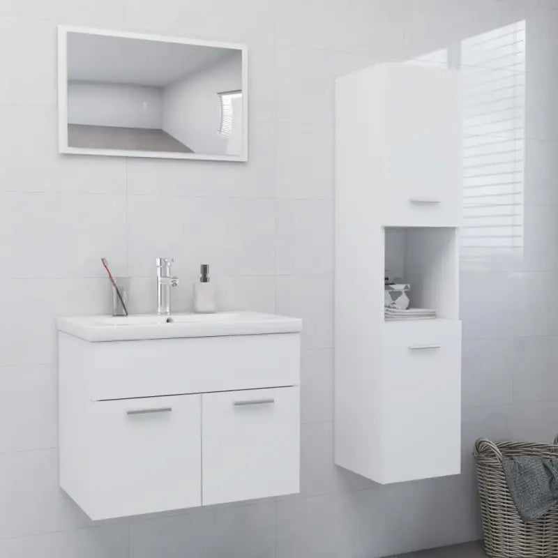 Hoogglans witte badkamermeubelset met hoge kast en bewerkt hout - Wit / 60 x 38.5 x 46 cm / 3 - Badkamermeubelsets