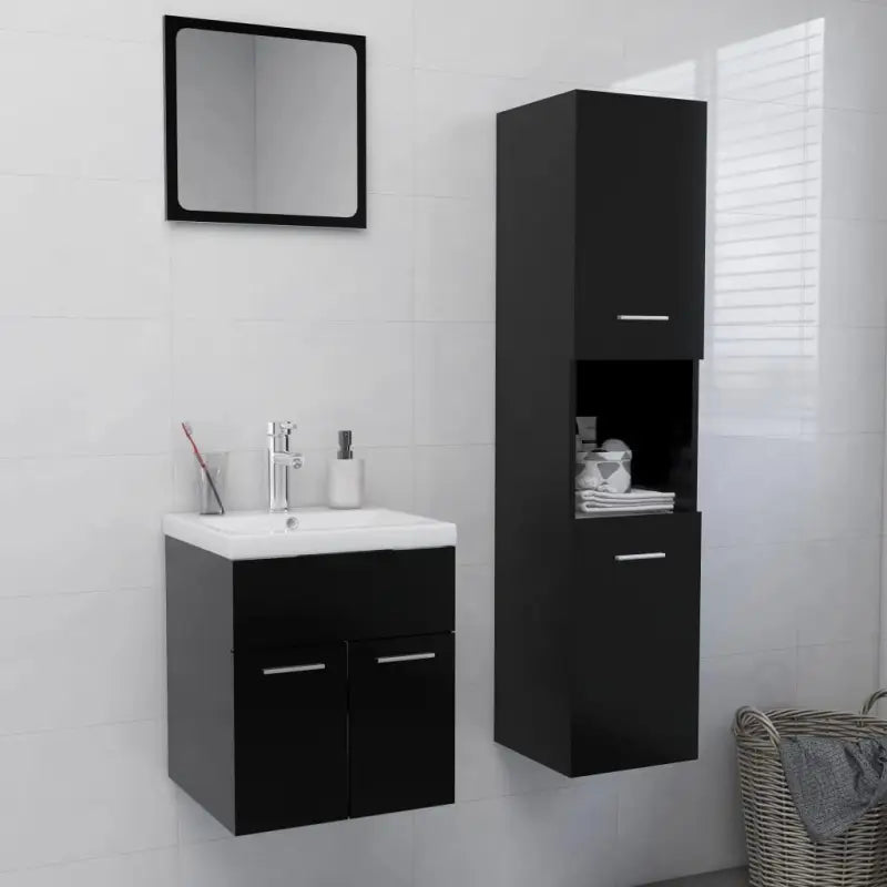 Hoogglans witte badkamermeubelset met hoge kast en bewerkt hout - Zwart / 41 x 38.5 x 46 cm / 3 - Badkamermeubelsets