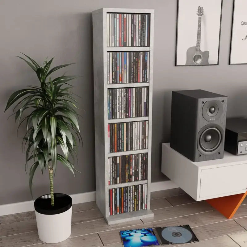 Hoogglans witte cd kast met bewerkt hout en open vakken - Betongrijs / 1 - Cd- & dvd-kasten