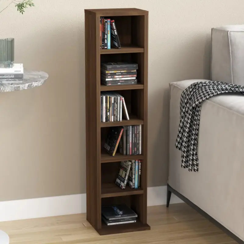 Hoogglans witte cd kast met bewerkt hout en open vakken - bruin eikenkleur / 1 - Cd- & dvd-kasten