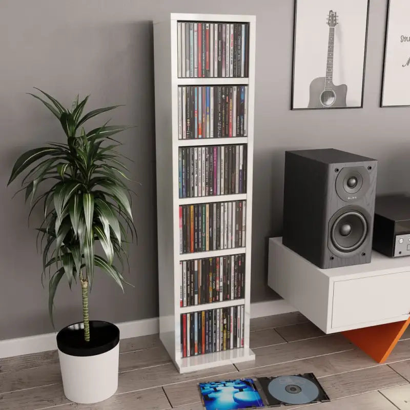 Hoogglans witte cd kast met bewerkt hout en open vakken - Cd- & dvd-kasten
