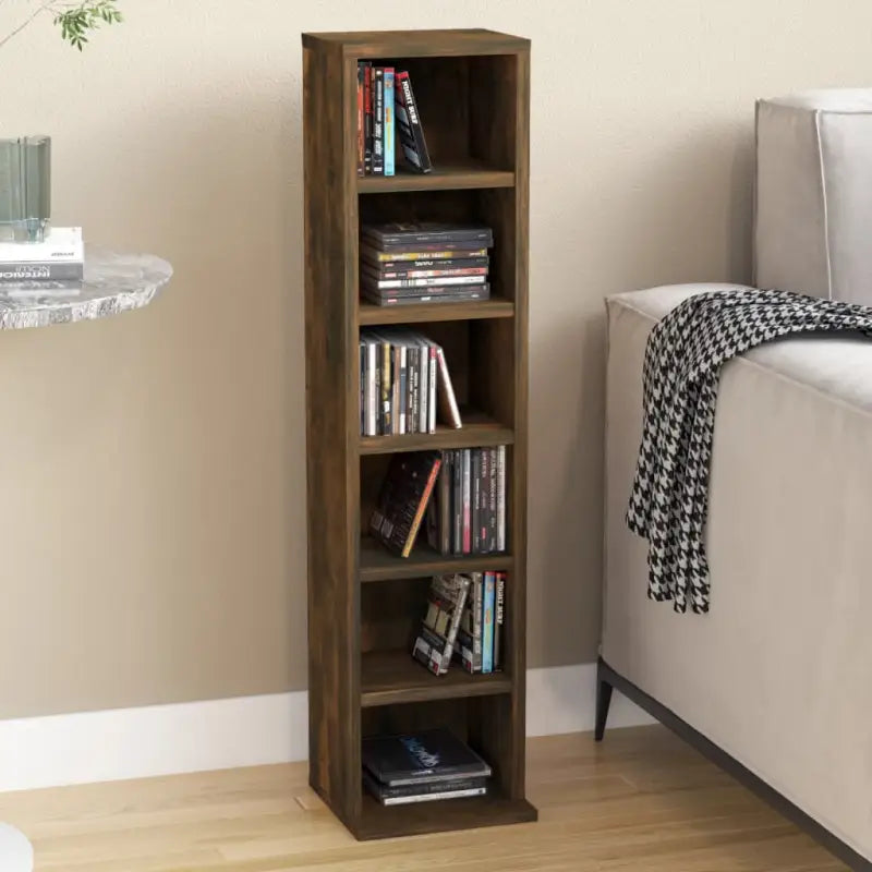 Hoogglans witte cd kast met bewerkt hout en open vakken - Gerookt eiken / 1 - Cd- & dvd-kasten