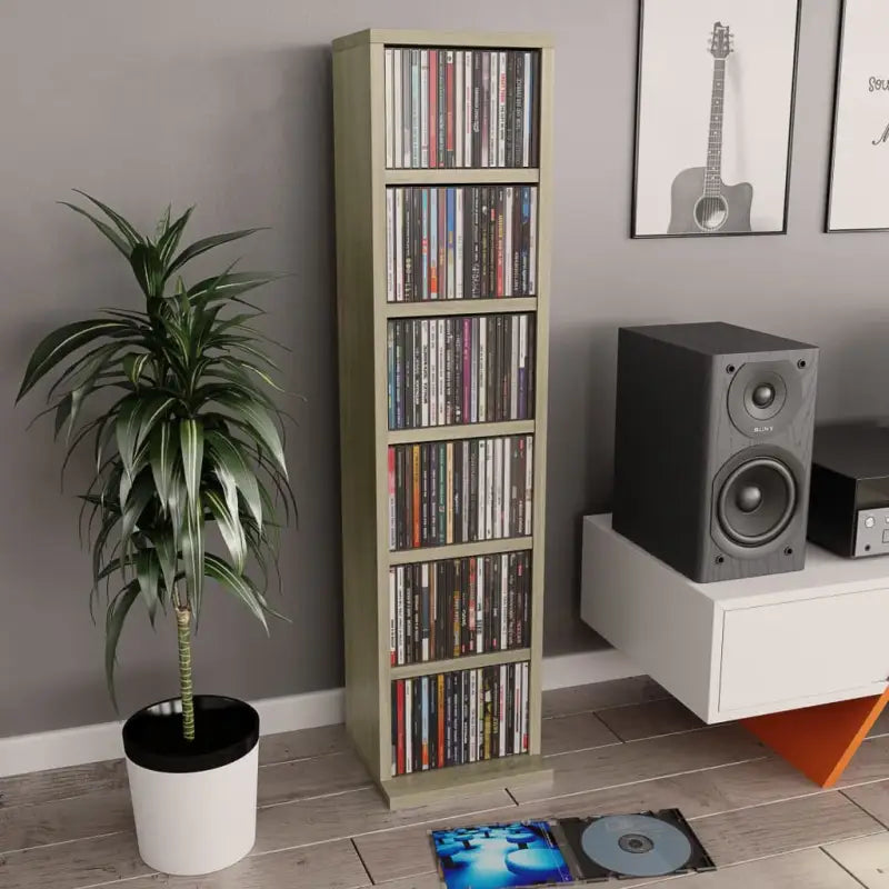 Hoogglans witte cd kast met bewerkt hout en open vakken - Sonoma eiken / 1 - Cd- & dvd-kasten