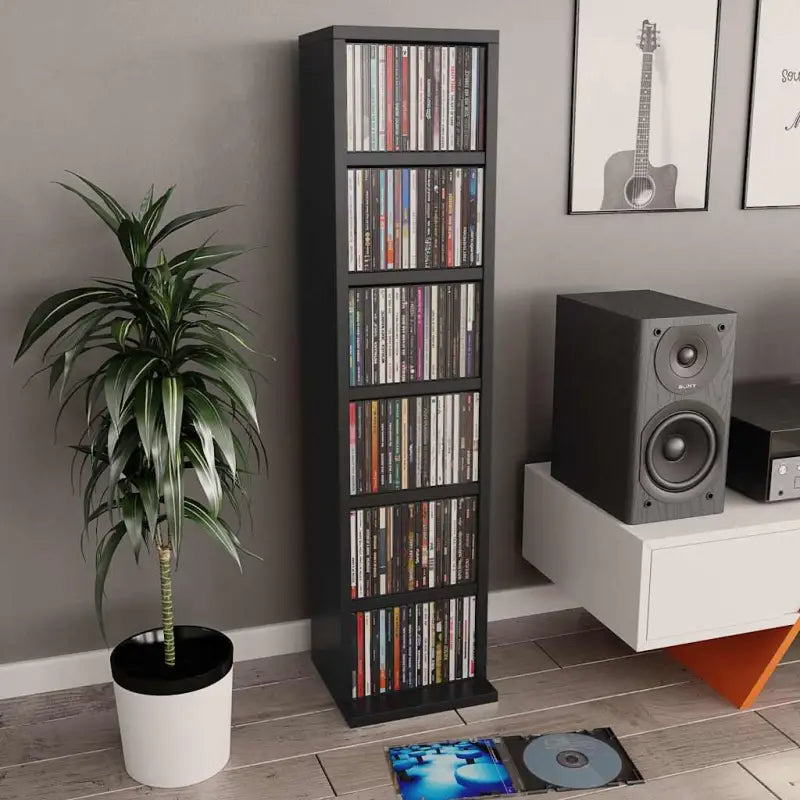 Hoogglans witte cd kast met bewerkt hout en open vakken - Zwart / 1 - Cd- & dvd-kasten