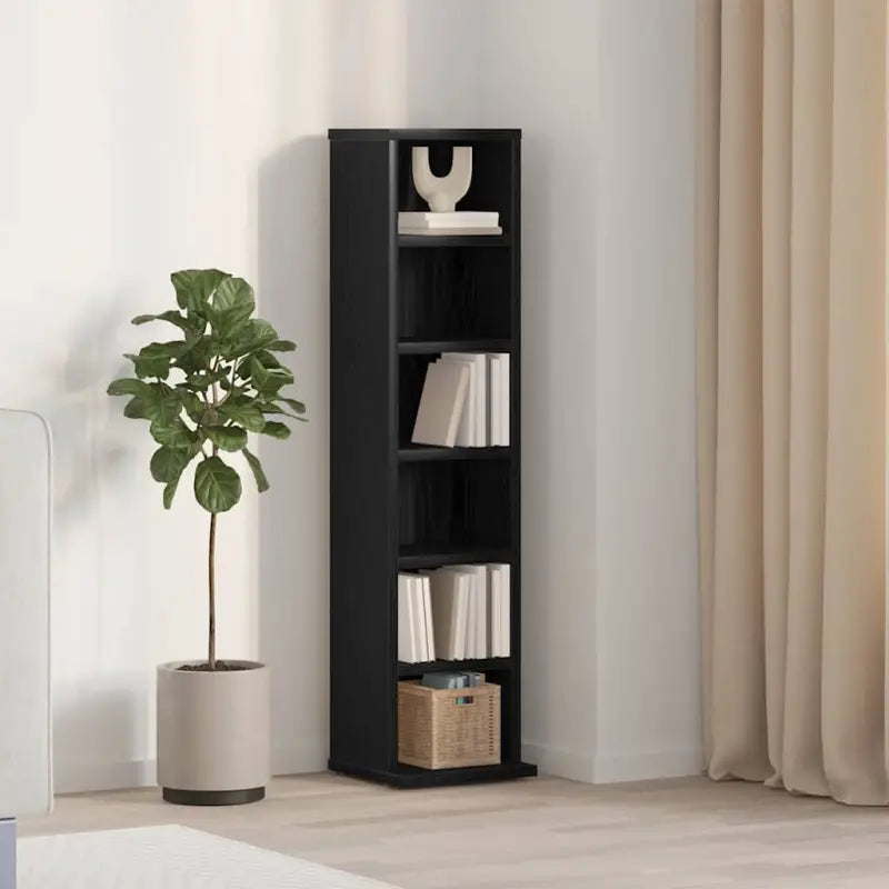 Hoogglans witte cd kast met bewerkt hout en open vakken - Zwart eiken / 1 - Cd- & dvd-kasten