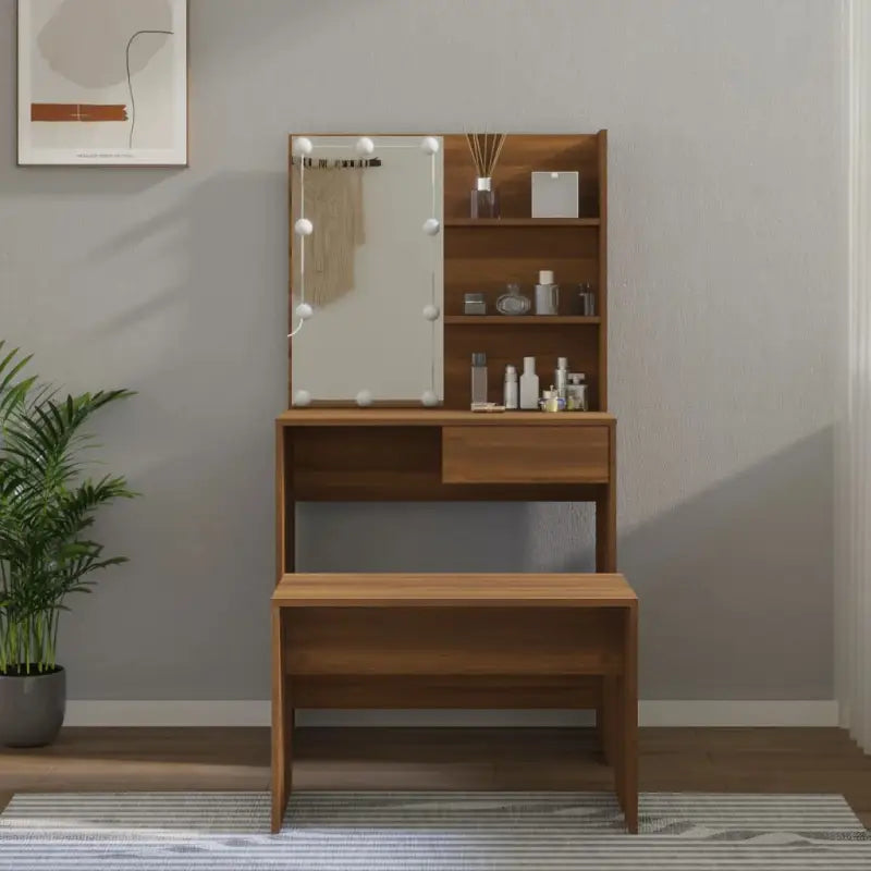 Hoogglans witte slaapkamerkaptafel bewerkt hout binnen handbereik - bruin eikenkleur / 74.5 x 40 x 141 cm / 1