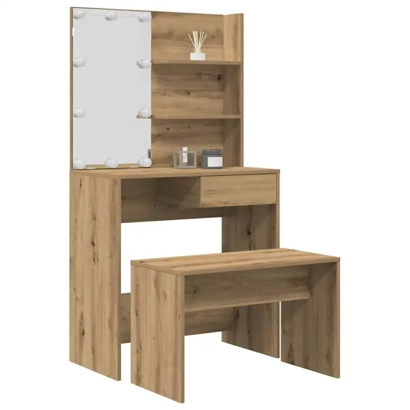 Hoogglans witte slaapkamerkaptafel bewerkt hout binnen handbereik - artisanaal eikenkleurig / 74.5 x 40 x 141 cm / 1