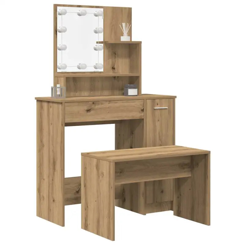 Hoogglans witte slaapkamerkaptafel bewerkt hout binnen handbereik - artisanaal eikenkleurig / 86.5 x 35 x 136 cm / 1