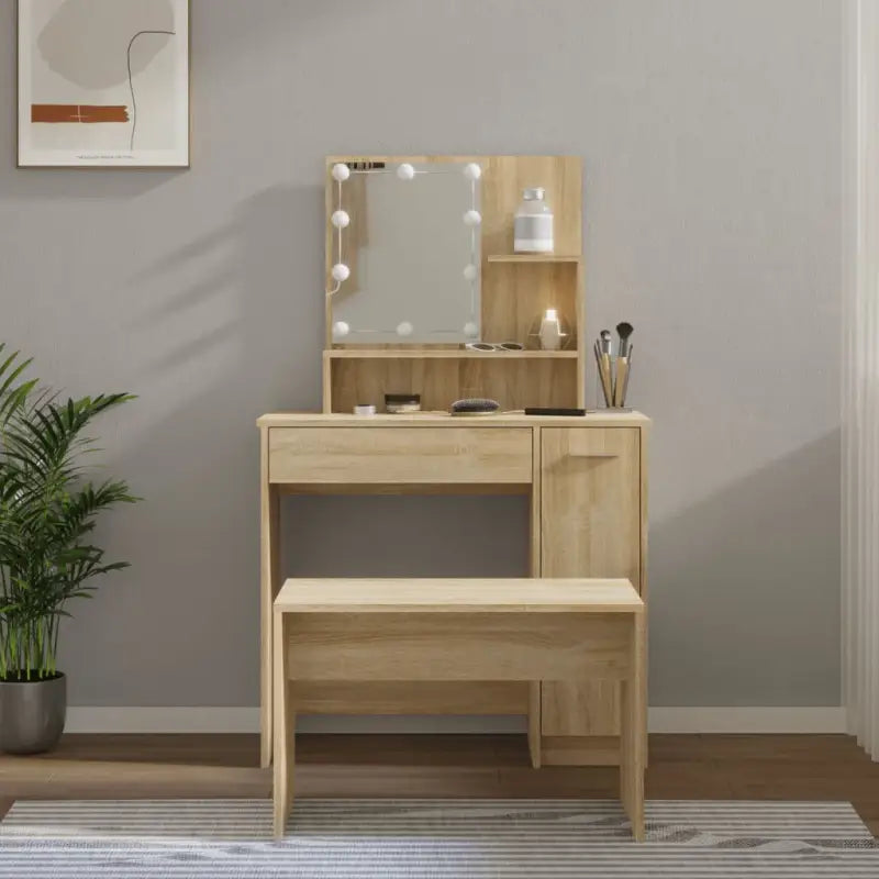 Hoogglans witte slaapkamerkaptafel bewerkt hout binnen handbereik - Sonoma eiken / 86.5 x 35 x 136 cm / 1