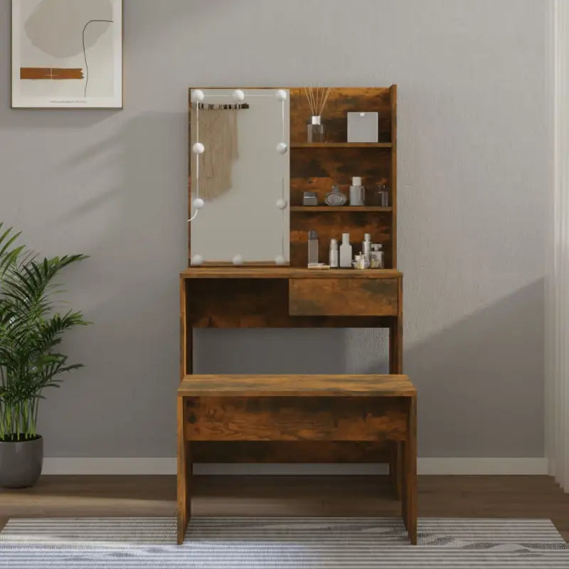 Hoogglans witte slaapkamerkaptafel bewerkt hout binnen handbereik - Gerookt eiken / 74.5 x 40 x 141 cm / 1