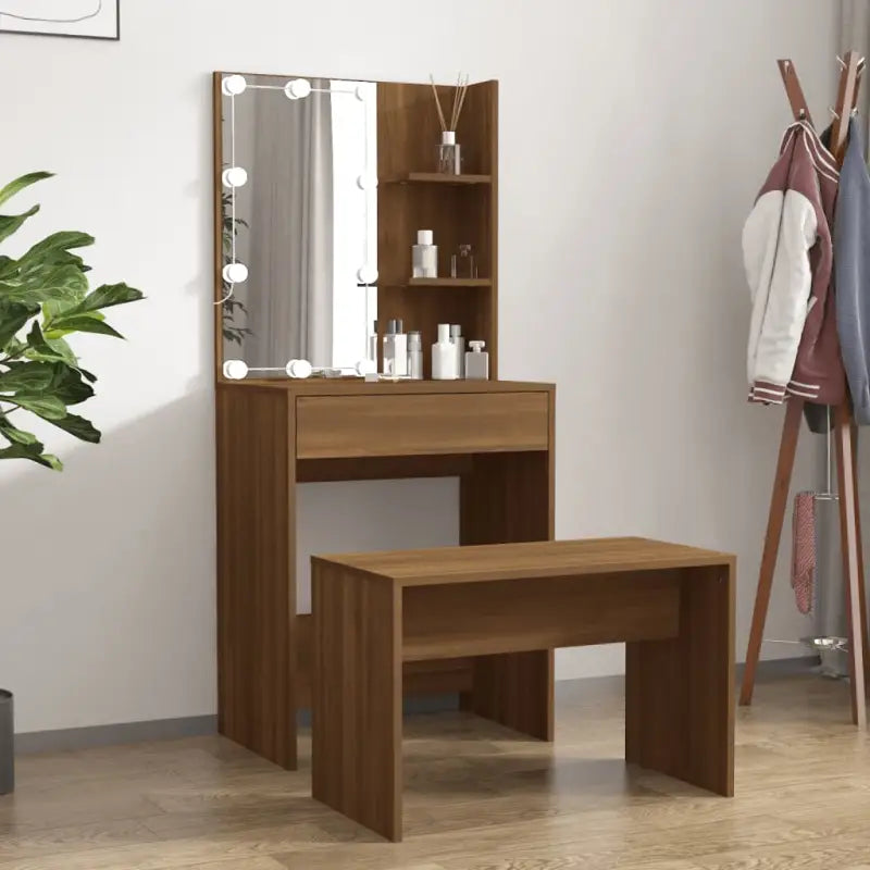 Hoogglans witte slaapkamerkaptafel bewerkt hout binnen handbereik - bruin eikenkleur / 60 x 40 x 140 cm / 1