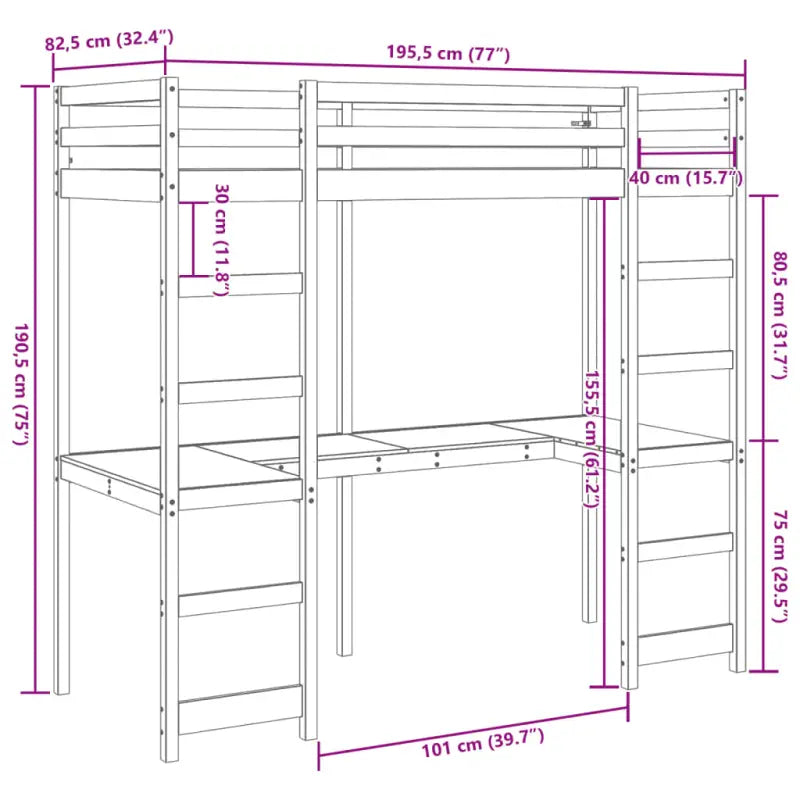 Hoogslaper met bureau in massief grenenhout voor beperkte ruimte - Bedden & bedframes