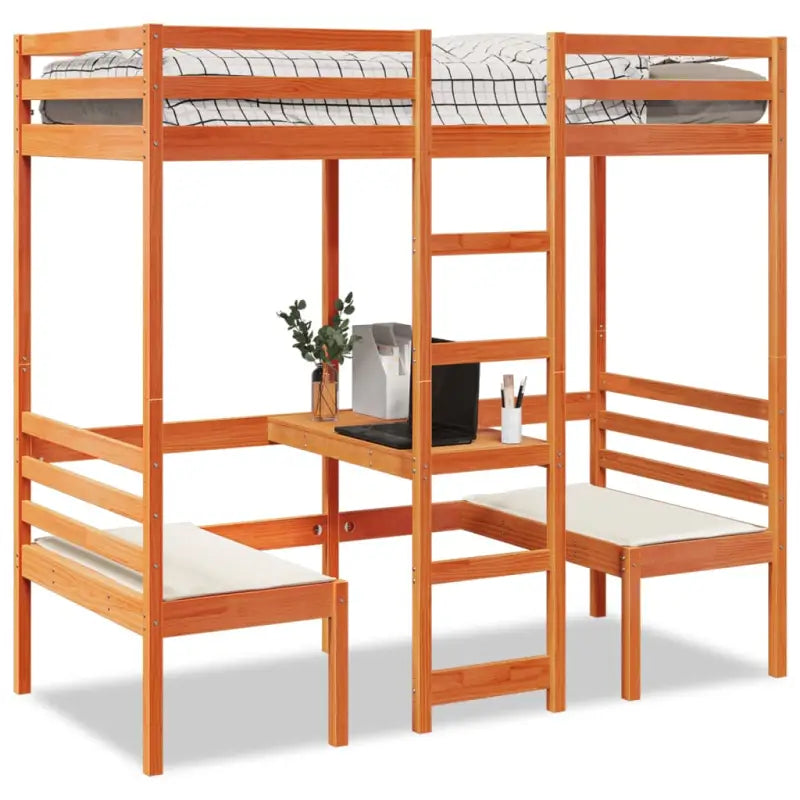 Hoogslaper met bureau in massief grenenhout voor beperkte ruimte - Wasbruin / 90 x 200 cm - Bedden & bedframes