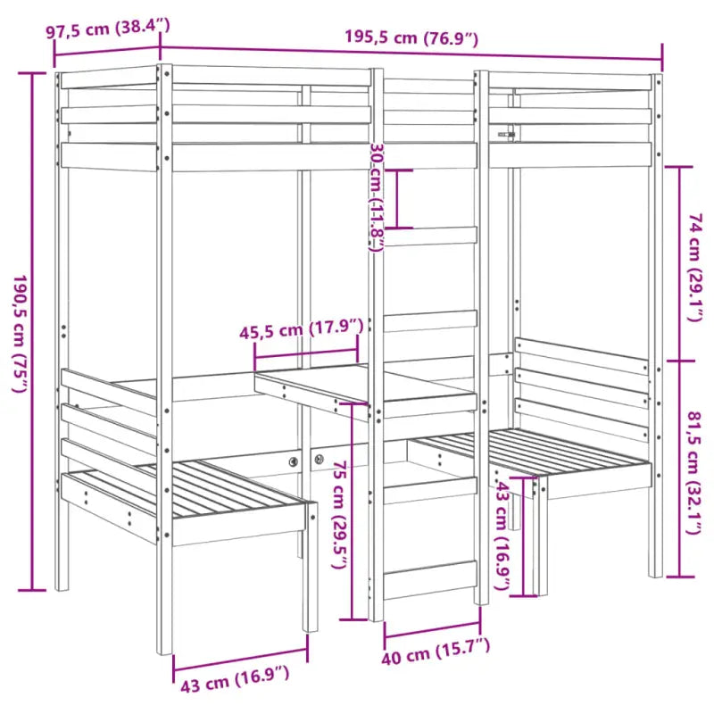 Hoogslaper met bureau in massief grenenhout voor beperkte ruimte - Bedden & bedframes