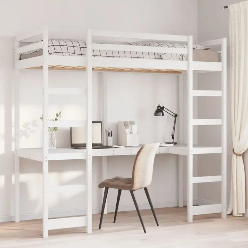 Hoogslaper met bureau in massief grenenhout voor beperkte ruimte - Wit / 75 x 190 cm - Bedden & bedframes