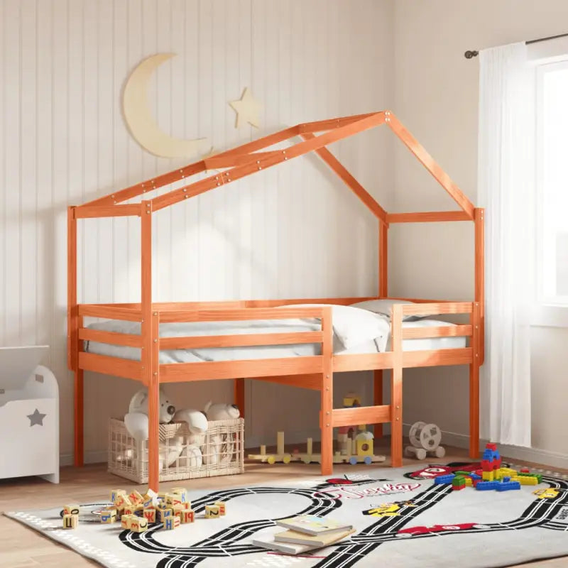 Hoogslaper van massief grenenhout met open zijdeur in wit materiaal - Wasbruin / 75 x 190 cm - Bedden & bedframes