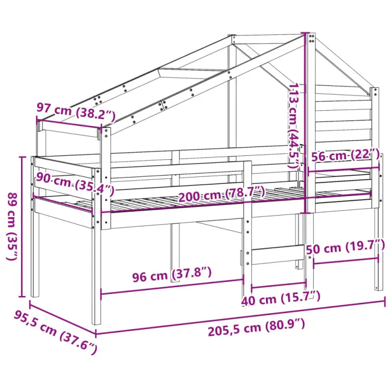 Hoogslaper voor kinderen met open zijdeur van massief grenenhout - Wit / 90 x 200 cm - Bedden & bedframes