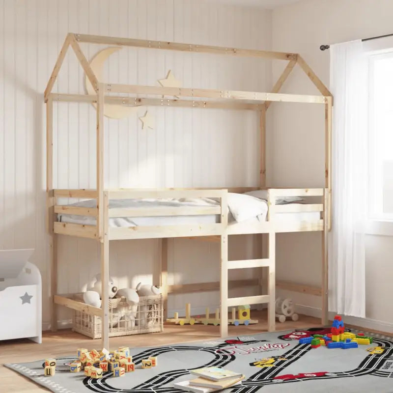 Hoogslaper voor kinderen van massief grenenhout met open zijdeur - Naturel / 90 x 190 cm - Bedden & bedframes