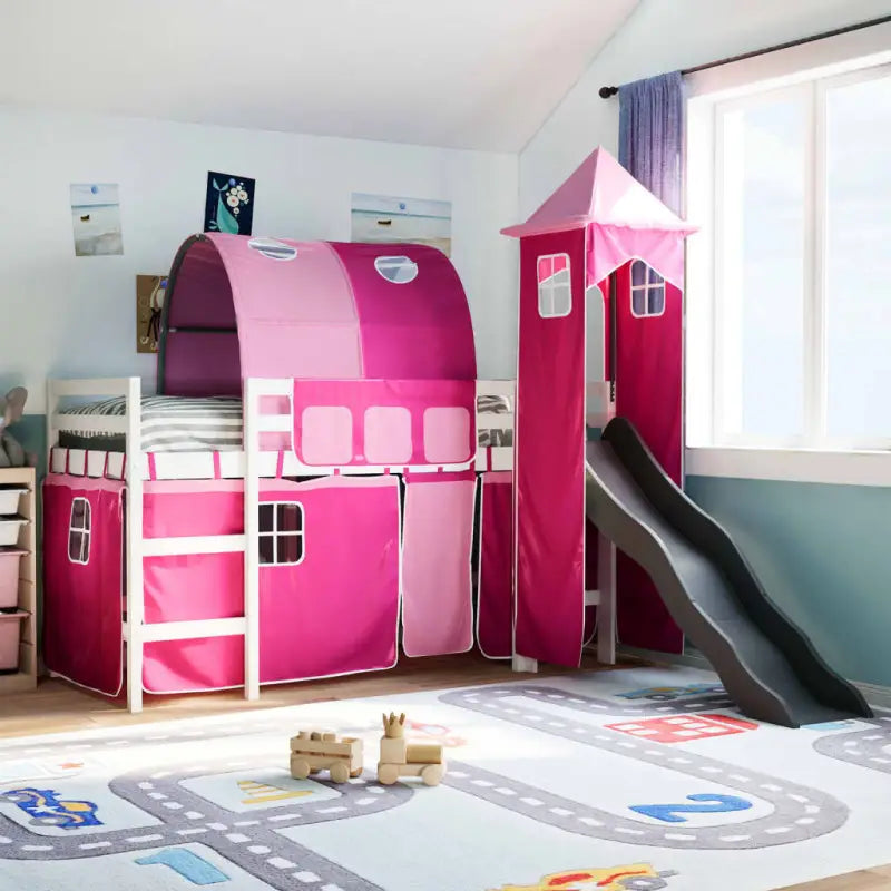 Hoogslaper voor kinderen van massief grenenhout met ruimtelijke functie - Wit en roze / 90 x 190 cm - Bedden & bedframes