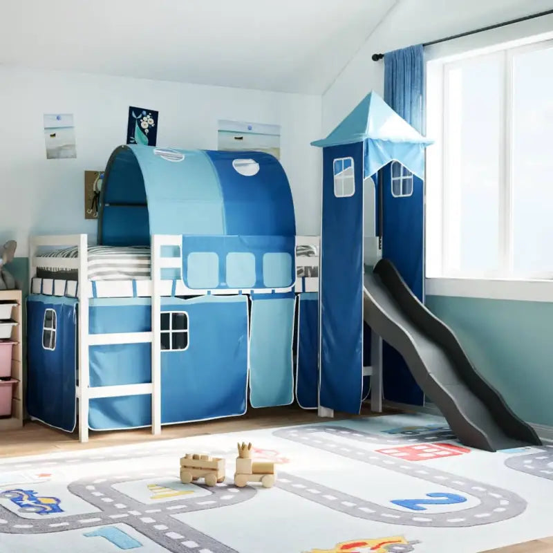 Hoogslaper voor kinderen van massief grenenhout met ruimtelijke functie - Wit en blauw / 80 x 200 cm - Bedden &