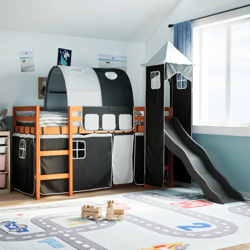 Hoogslaper voor kinderen van massief grenenhout met ruimtelijke functie - Bruin en zwart / 90 x 190 cm - Bedden &