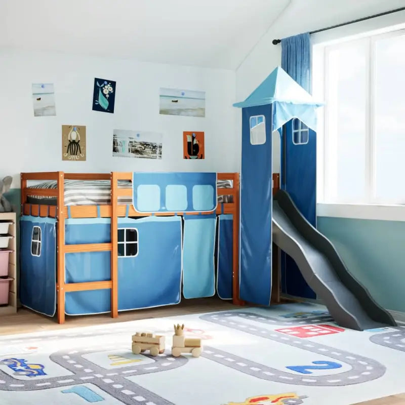 Hoogslaper voor kinderen van massief grenenhout voor plezier en ruimtebesparing - Bruin en blauw / 90 x 190 cm - Bedden
