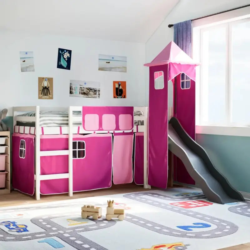 Hoogslaper voor kinderen van massief grenenhout voor plezier en ruimtebesparing - Wit en roze / 90 x 200 cm - Bedden &