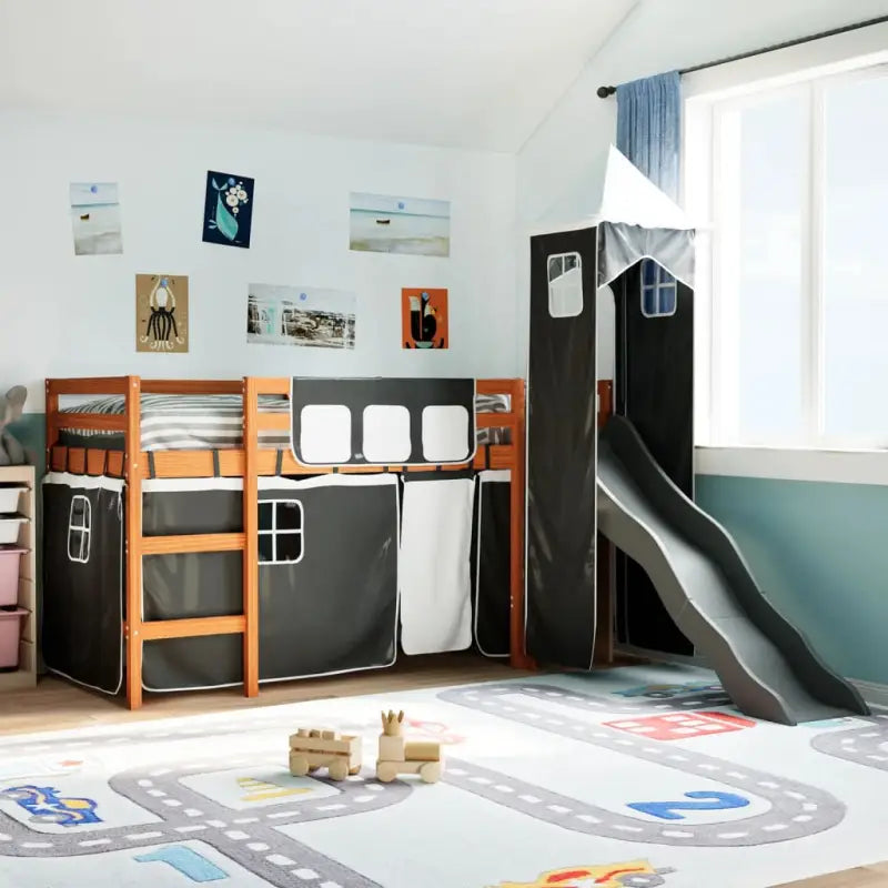 Hoogslaper voor kinderen van massief grenenhout voor plezier en ruimtebesparing - Bruin en zwart / 90 x 190 cm - Bedden