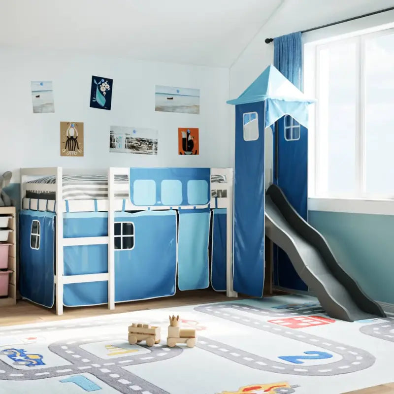 Hoogslaper voor kinderen van massief grenenhout voor plezier en ruimtebesparing - Wit en blauw / 90 x 190 cm - Bedden &