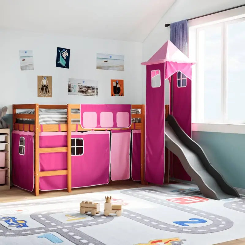 Hoogslaper voor kinderen van massief grenenhout voor plezier en ruimtebesparing - bruin en roze / 90 x 200 cm - Bedden