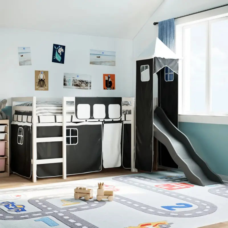 Hoogslaper voor kinderen van massief grenenhout voor plezier en ruimtebesparing - Wit en zwart / 90 x 200 cm - Bedden &