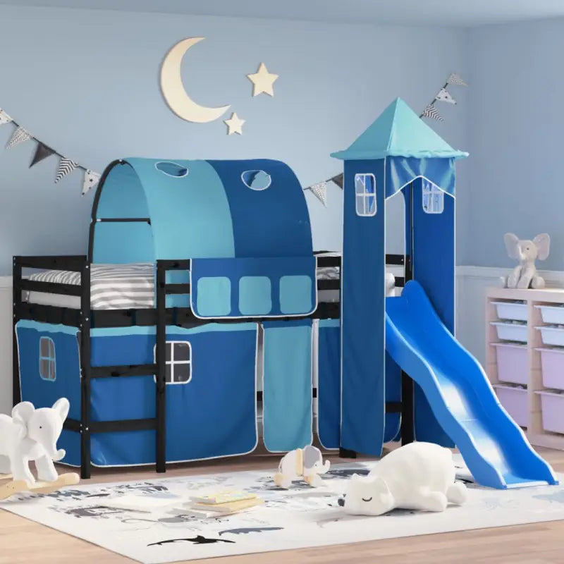 Hoogslaper voor kinderen van massief grenenhout voor ruimtebesparing - Zwart en blauw / 80 x 200 cm - Bedden & bedframes