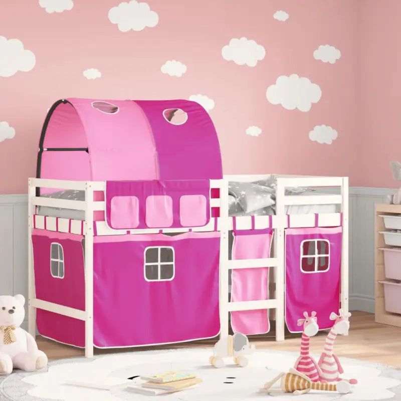 Hoogslaper voor kinderen van massief grenenhout stabiel en ruimtebesparend - Wit en roze / 90 x 200 cm - Bedden &