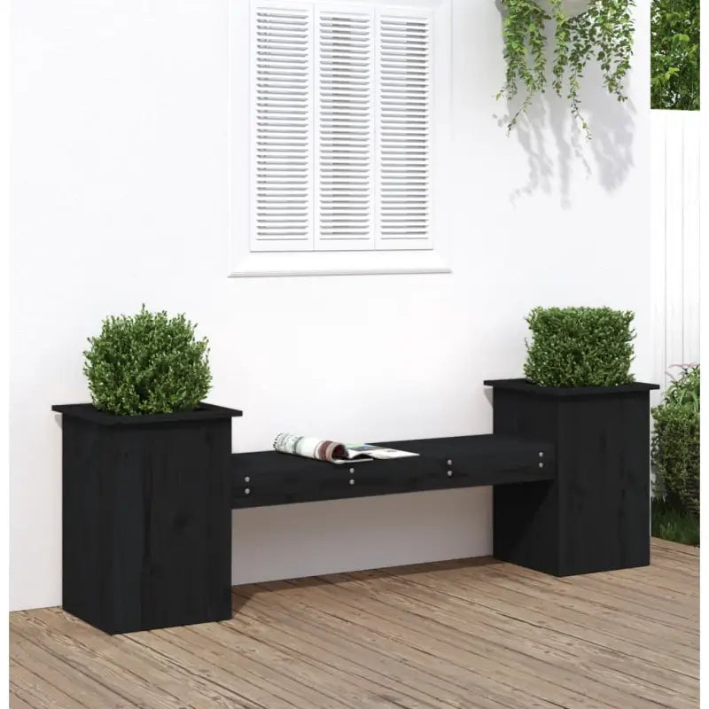 Houten bankje met massief grenenhout en ingebouwde plantenbakken - Zwart grenenhout / 1 - Tuinbanken