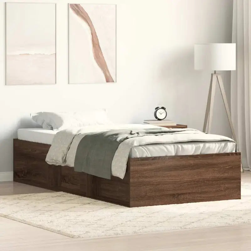 Houten bedframe met multiplex lattenbodem voor een moderne slaapkamer - bruin eikenkleur / 100 x 200 cm - Bedden &