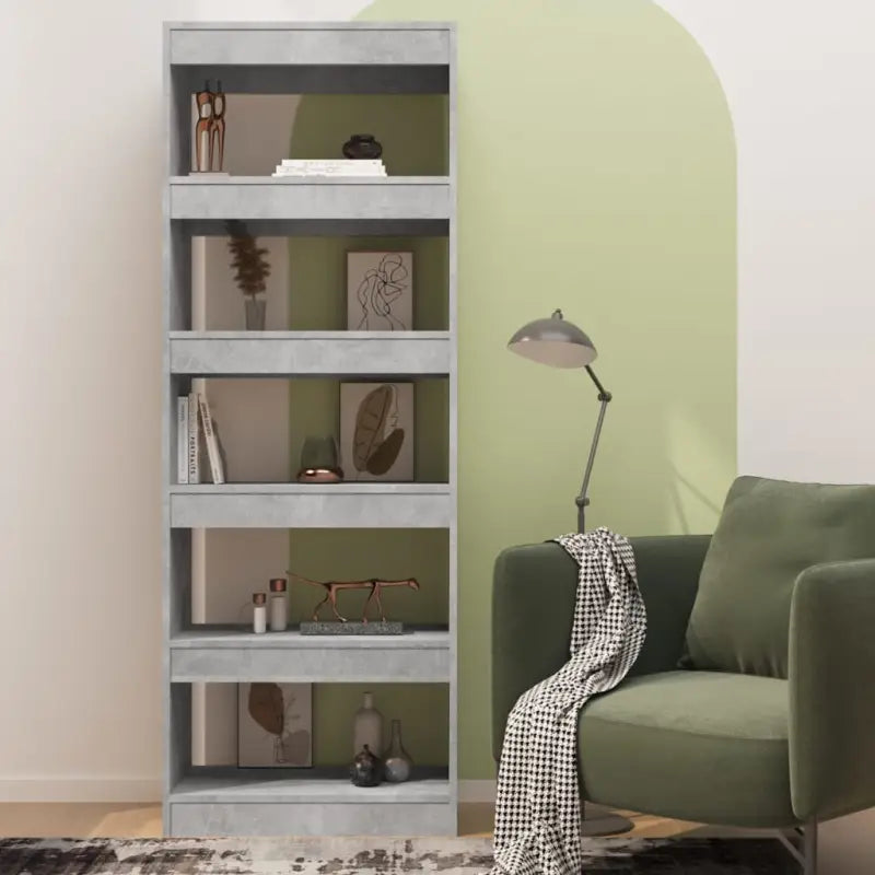 Houten boekenkast met bewerkt hout en kamerscherm gebruikt stijl - Betongrijs / 1 - Boekenkasten