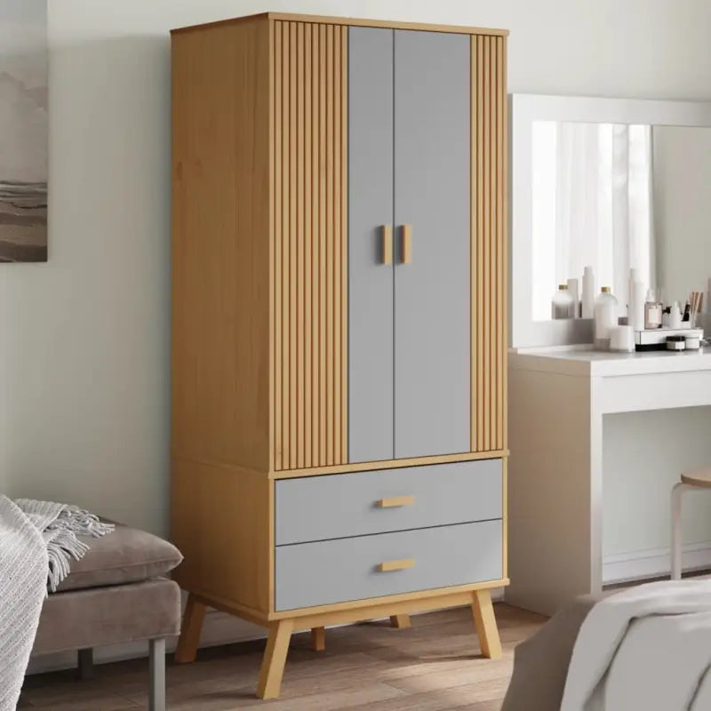 Houten kast met massief grenenhout en groot vak met houten poten - Grijs en bruin / 1 - Kledingkasten