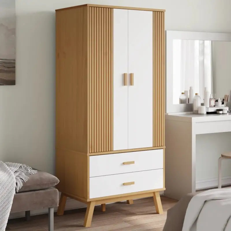 Houten kast met massief grenenhout en groot vak met houten poten - Wit en bruin / 1 - Kledingkasten