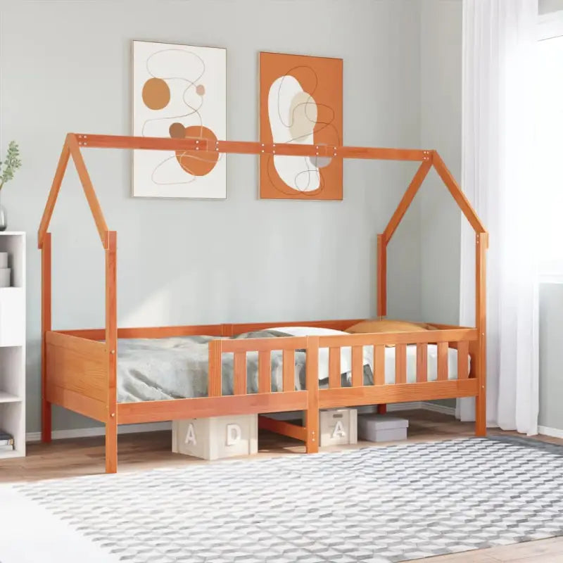Houten kinderbedframe met open dakstructuur en massief grenenhout - Wasbruin / 90 x 200 cm - Bedden & bedframes