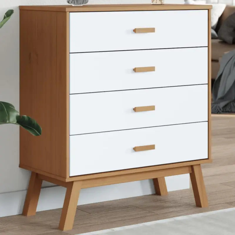 Houten ladekast met massief grenenhout en houten poten - Wit en bruin / 1 - Commodes & ladekasten