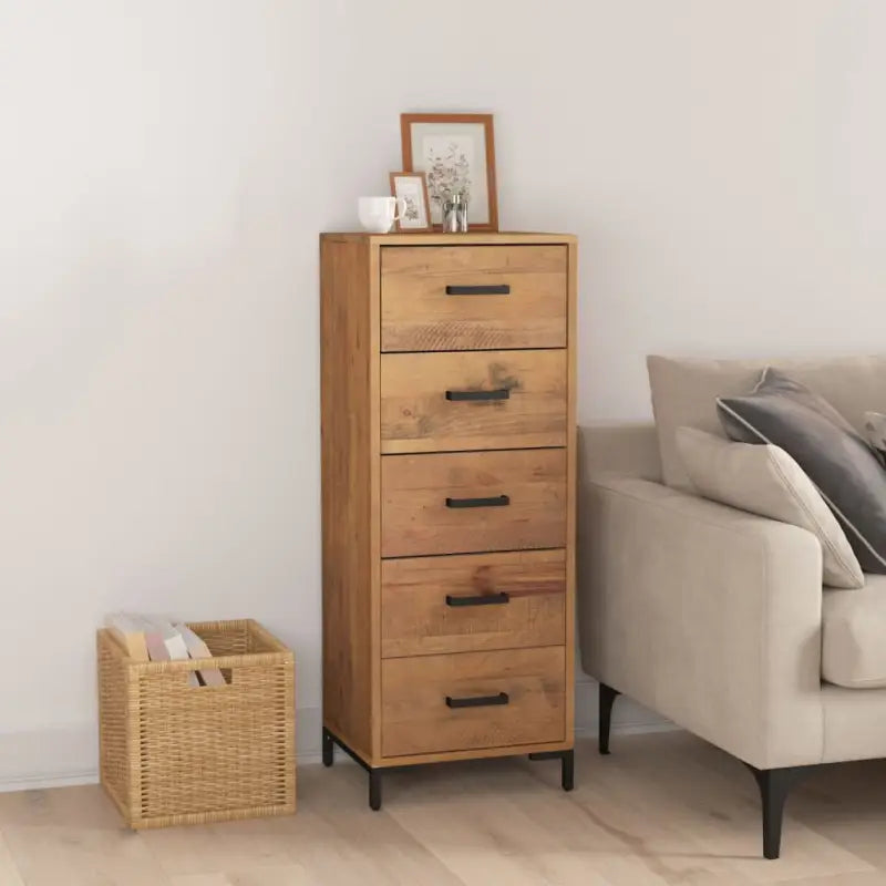 Houten ladekast van massief grenenhout met stevig bovenblad en metalen poten - Commodes & ladekasten